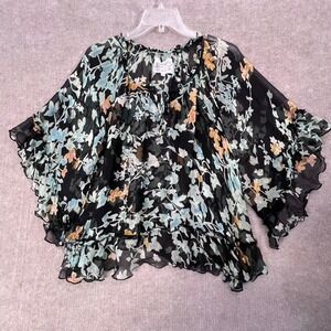 Love by‎ Johnny Was Floral Silk Blouse Top Ruffle Sheer Black Blue Medium